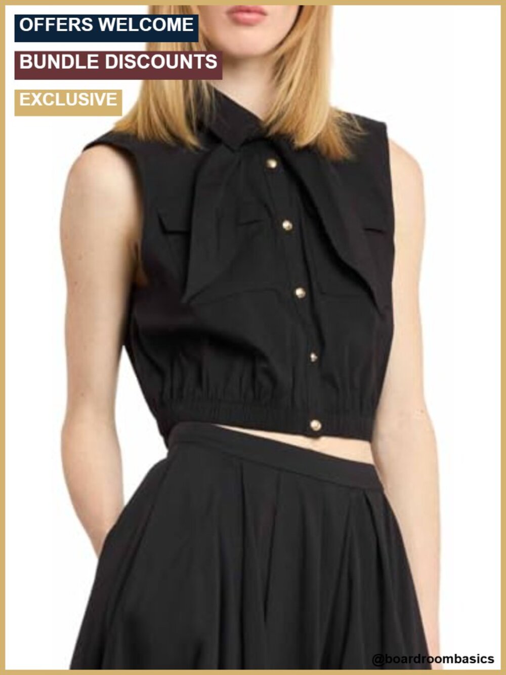 Cropped Collared Tie Tank Top Cotton Blend Sleeveless